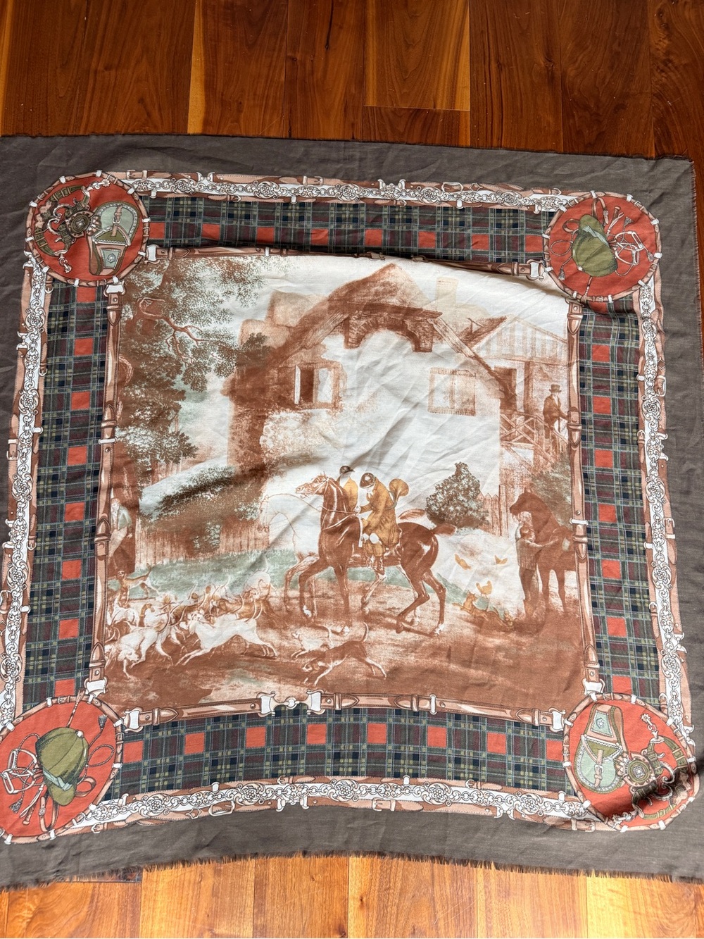 Vintage Equestrian Print Scarf in Brown, Green & Red Plaid